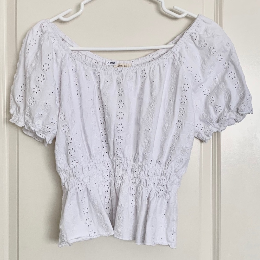 Eyelet embroidered frill trim blouse